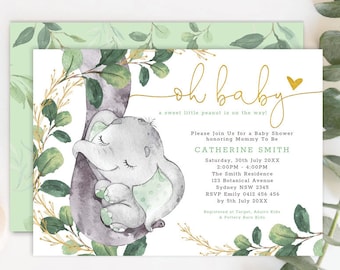 EDITABLE Greenery Elephant Baby Shower Invitation Template. Modern Jungle Botanical Printable. Gender Neutral Green Gold Invite. GR1