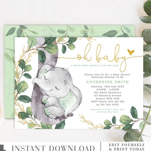 EDITABLE Greenery Elephant Baby Shower Invitation Template. Modern Jungle Botanical Printable. Gender Neutral Green Gold Invite. GR1