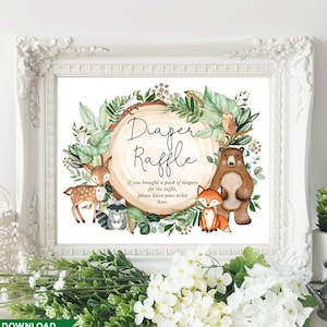 Signo de rifa de pañales del bosque, baby shower del bosque verde imprimible, decoraciones de fiesta de animales del bosque, DESCARGA INSTANTÁNEA. MADERA24