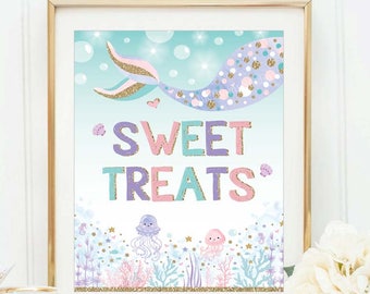 Sweet Treats Sign. Mermaid Candy Bar Table Sign. Under the Sea Ocean Baby Shower Birthday Party Decoration. Purple Pink Gold Glitter. MER6