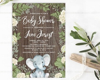 Rustic Elephant Baby Shower Invitation. Gender Neutral Botanical Baby Shower Invite. Jungle Safari Boy Girl Baby Printable Invitation. BOT2