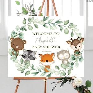 Signo de bienvenida EDITABLE del baby shower del bosque, decoración imprimible de animales del bosque verde, plantilla de corona botánica minimalista, WOOD38