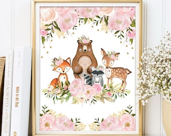 Blush Pink Floral Woodland Nursery Wall Decor. Forest Animals. Fox Deer  Bear Raccoon. 8x10, 11x14, 16x20 PRINTABLE Nursery Art / FLO18G