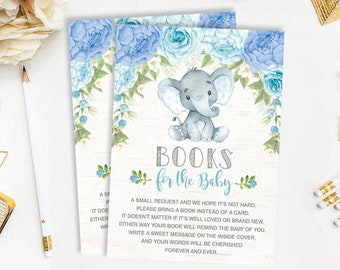 Blue Roses Elephant Books for Baby Invitation Insert. Jungle Boy Baby Shower Bring a Book Printable. Watercolor Flower INSTANT DOWNLOAD. RO6