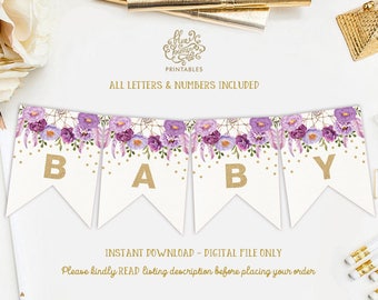 Paarse bloemen baby shower afdrukbare banner. Violet gouden Boho feestdecoraties. Verjaardag wimpel vlaggen Bunting ALLE LETTERS & CIJFERS. FLO12B