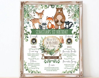 Greenery Woodland Birthday Milestone Poster. Rustic Forest Animals Birthday Chalkboard Sign. Botanical EDITABLE TEMPLATE. WOOD24