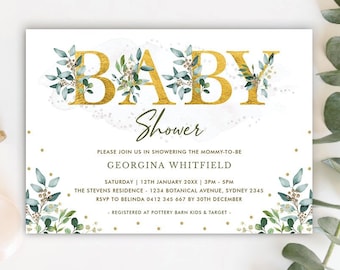 Botanical Greenery Baby Shower Invitation, EDITABLE TEMPLATE, Elegant Green & Gold Forest Printable Invite, Instant Download, BOT9