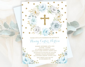 EDITABLE Baptism Invitation. Dusty Blue Gold Floral Christening Communion Printable Invite. Glitter Confetti Downloadable Template. FLO31