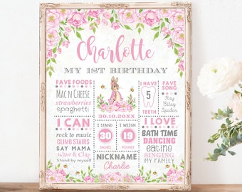 Signo de hito del primer cumpleaños del conejito floral rosa. Póster de pizarra del primer cumpleaños de Girl Rabbit PLANTILLA EDITABLE Descarga imprimible. BUN5