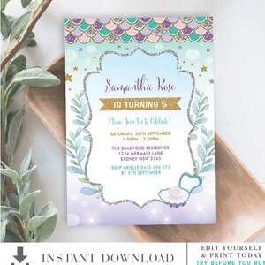 Mermaid Birthday Invitation. Under the Sea 1st Birthday Party Printable Invite. Beach Pool Party EDITABLE TEMPLATE. Instant Download. MER4