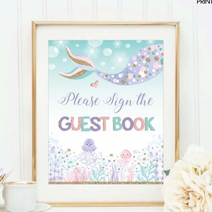 Mermaid Guest Book Sign. Mermaid First Birthday Baby Shower Decor. Pastel Watercolor Under the Ocean Sea Printable. Pink Purple Gold. MER6