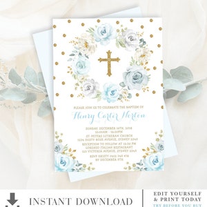 EDITABLE Baptism Invitation. Dusty Blue Gold Floral Christening Communion Printable Invite. Glitter Confetti Downloadable Template. FLO31 image 1
