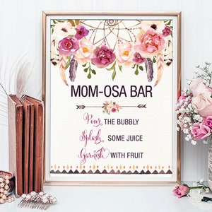 Printable MOMOSA BAR. Bohemian Baby Shower Mimosa Bar Sign. Boho Floral Baby Shower Decoration. Dream Catcher Decor. Rustic Feathers FLO13 image 1