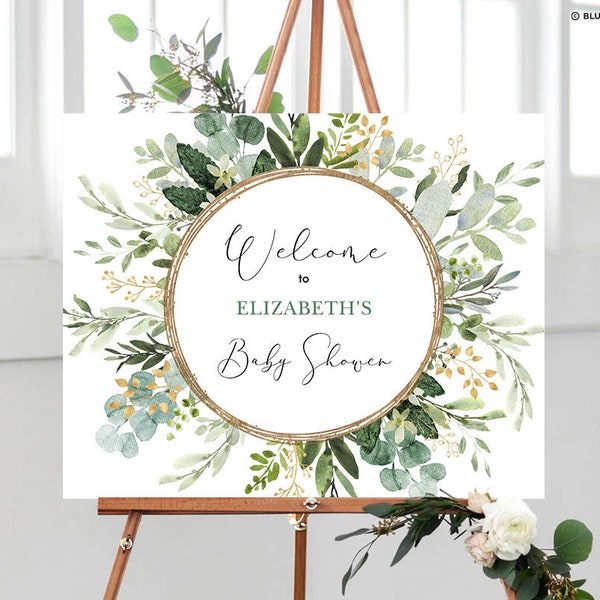 Editable Greenery Baby Shower Welcome Sign. Botanical Green Gold Leaves Bridal Shower Decorations Template Wedding Instant Download. GR3