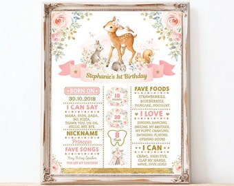 Blush Gold Woodland 1st Birthday Milestone Poster. Girly Forest Animals Deer Bunny Squirrel First Birthday Sign EDITABLE TEMPLATE. WOOD16