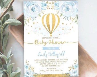 Hot Air Balloon Boy Baby Shower Invitation. Adventure Blue and Gold Watercolor Floral EDITABLE Invitation Printable. INSTANT DOWNLOAD. HAB7