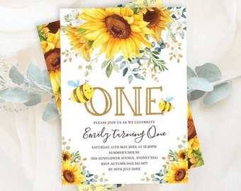 Cute Bumble Bee Sunflower 1st Birthday Invitation TEMPLATE. Summer Watercolor Yellow Floral Party EDITABLE Printable Invite Download. SUN4