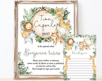 May include: A printable time capsule sign with a jungle animal theme. The sign says "Time Capsule 2037 to be opened when Benjamin turns 1". There is a smaller card that says "Dear Benjamin" with lines for writing.