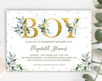 EDITABLE Greenery Boy Baby Shower Invitation / DIY Template / Elegant Watercolor Botanical Printable / Green Gold Instant Download / BOT9