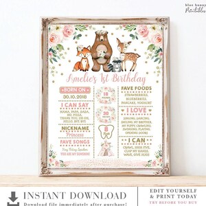 Segno di pietra miliare del primo compleanno di Girly Woodland. Blush Floral Forest Animals Prima festa di compleanno MODELLO MODIFICABILE Download istantaneo. LEGNO15