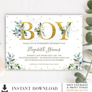 EDITABLE Greenery Boy Baby Shower Invitation / DIY Template / Elegant Watercolor Botanical Printable / Green Gold Instant Download / BOT9 image 1