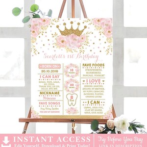 Affiche du premier anniversaire de la princesse. Blush Gold Crown Princess Chalkboard Sign. MODÈLE MODIFIABLE de la fête royale florale rose. FLO18I