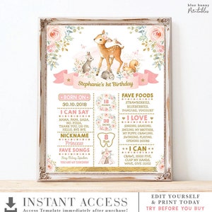 Poster della pietra miliare del primo compleanno di Blush Gold Woodland. MODELLO MODIFICABILE per il primo compleanno di Girly Forest Animals Deer Bunny Scoiattolo. LEGNO16