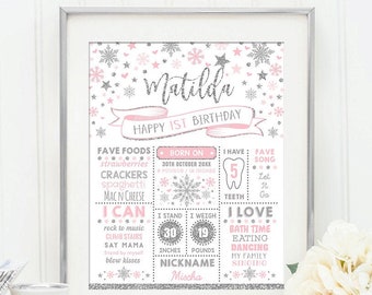 EDITABLE Snowflake Birthday Milestone Sign Winter ONEderland Chalkboard Poster Milestone Stats Printable Silver Pink Nursery Decor WINT14