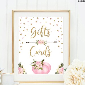 Pumpkin Gifts & Cards Sign. Pink Gold Pumpkin Party Decorations. Blush Floral Baby Shower Birthday Party Decor Glitter Confetti Favor FLO18B