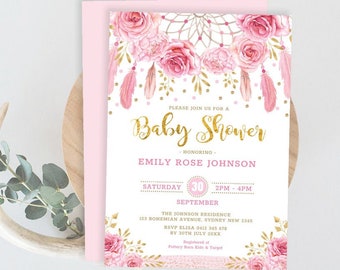 Pink Roses Dreamcatcher Baby Shower Invitation Template. EDITABLE Pink Gold Boho Watercolor Floral Feathers Printable Invite. BOHO4