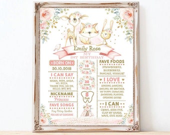 Girl Woodland Animals 1st Birthday Milestone Poster. Pink Gold Floral Forest Deer Fox Bunny First Birthday Sign EDITABLE TEMPLATE. WOOD13