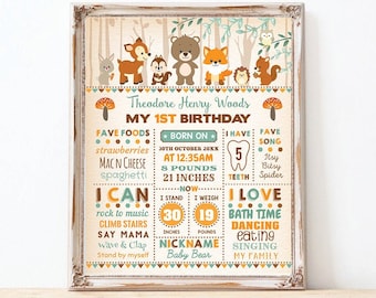 Rustic Woodland 1st Birthday Milestone Sign. Forest Animals First Birthday Chalkboard Poster Printable. EDITABLE TEMPLATE. WOOD1