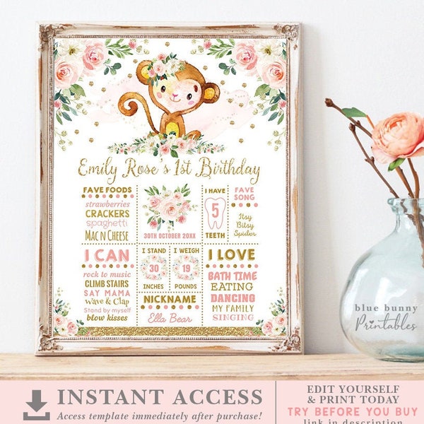 Girly Monkey 1st Birthday Milestone Poster. Jungle Safari Pink Blush Floral First Birthday Sign. EDITABLE TEMPLATE. Instant Download. MO2