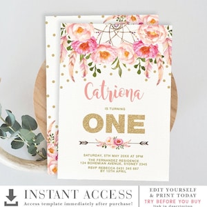 EDITABLE Boho Dreamcatcher 1st Birthday Invitation. Pink and Gold Watercolor Floral Printable Template. Bohemian Feathers. FLO12A