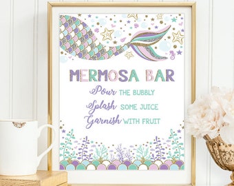 Whimsical Mermosa Bar Sign. Mermaid Mimosa Bar Sign. Under the Sea Ocean Baby Shower Birthday Party Decoration. Purple Pink Teal. MER7