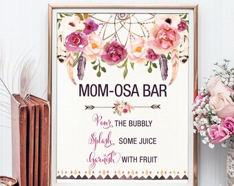 Printable MOMOSA BAR. Bohemian Baby Shower Mimosa Bar Sign. Boho Floral Baby Shower Decoration. Dream Catcher Decor. Rustic Feathers FLO13