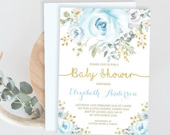 Soft Dusty Blue Floral Baby Shower EDITABLE INVITATION. Blue Gold Watercolor Flower Baby Sprinkle Printable Invite Download. FLO31