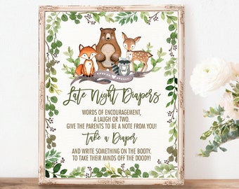 Late Night Diapers Baby Shower Decoration. Woodland Animals Printable Sign. Forest Greenery Deer Fox Bear Raccoon. INSTANT DOWNLOAD. BOT5