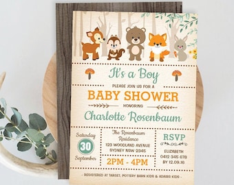 Woodland Baby Shower INVITATION TEMPLATE. Printable. Baby Boy. Forest Animals. 1st Birthday Invite. Unisex. Retro. Rustic Baby. WOOD1