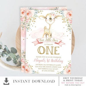 MODIFIABLE Cute Girl Deer 1er anniversaire Invitation. Blush Pink Gold Floral Woodland Baby Deer imprimable. TOUS AGES. Téléchargement instantané. CERF6