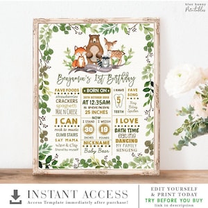 Greenery Woodland First Birthday Milestone Poster. Forest Animals 1st Birthday Chalkboard Printable Sign. EDITABLE TEMPLATE. BOT5