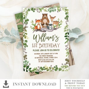 Botanical Woodland 1st Birthday EDITABLE Invitation. Greenery Forest Animals Printable Invite. Deer Fox Bear Raccoon INSTANT DOWNLOAD. BOT5 image 3