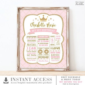 Pu&ograve; includere: Un cartello stampabile per il primo compleanno rosa e oro con una corona e stelle. Il cartello dice "Charlotte Marie Il mio 1&deg; Compleanno". Include dettagli come i cibi preferiti, la data di nascita, il peso, l'altezza e le cose che il bambino sa fare.