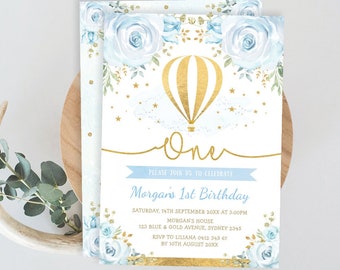 Zaproszenie na 1. urodziny balonem na gorące powietrze. Blue Gold Adventure Watercolor Floral EDYTOWALNE Do druku. Zaproszenie dla chłopca i dziewczynki. HAB7