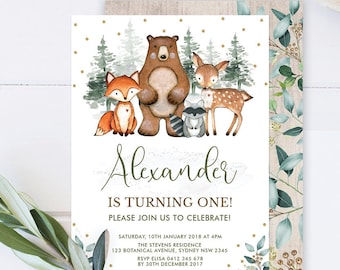Woodland 1st Birthday Invitation / Greenery Forest Animals Editable Invite / Botanical Green Forest Party / Instant Download / WOOD14