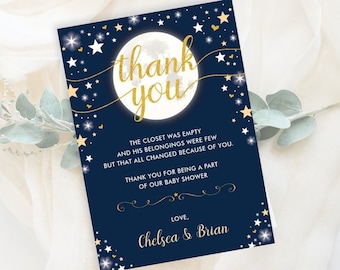 Moon & Stars Baby Shower Thank You Card / Twinkle Little Star EDITABLE TEMPLATE / Space Galaxy Universe Printable / Navy Gold / MOON3
