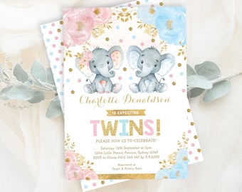 Twins Elephant Baby Shower EDITABLE INVITATION. Pink Blue Gold Jungle Elephant Printable Invitation Template Instant Download. EL6