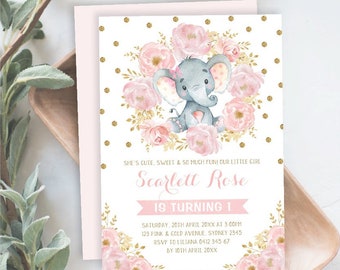 Soft Blush Elephant Birthday Invitation. Pink Gold Floral Jungle Baby Girl Printable Invite. Feminine Watercolor Elephant Download. EL6