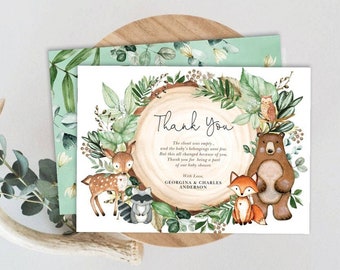 Woodland Thank You Card. Greenery Forest Animals EDITABLE TEMPLATE. Woodland Baby Shower Printable. Birthday Party Favor. WOOD24