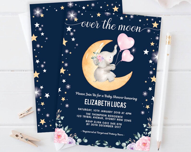 EDITABLE Girl Elephant Baby Shower Invitation Twinkle Little Little Star Downloadable Invite Pink Navy Galaxy Universe
